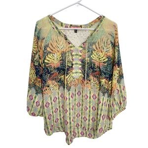 Olive Hill Sheer/ Lace Tropical Balloon Sleeve Blouse Size Med preppy maximalism